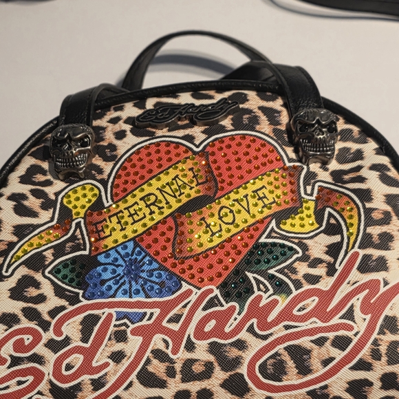 Ed Hardy Tattoo Cheetah Print Handbag Eternal Love Bag Vegan Material Skulls NWT - Picture 3 of 14